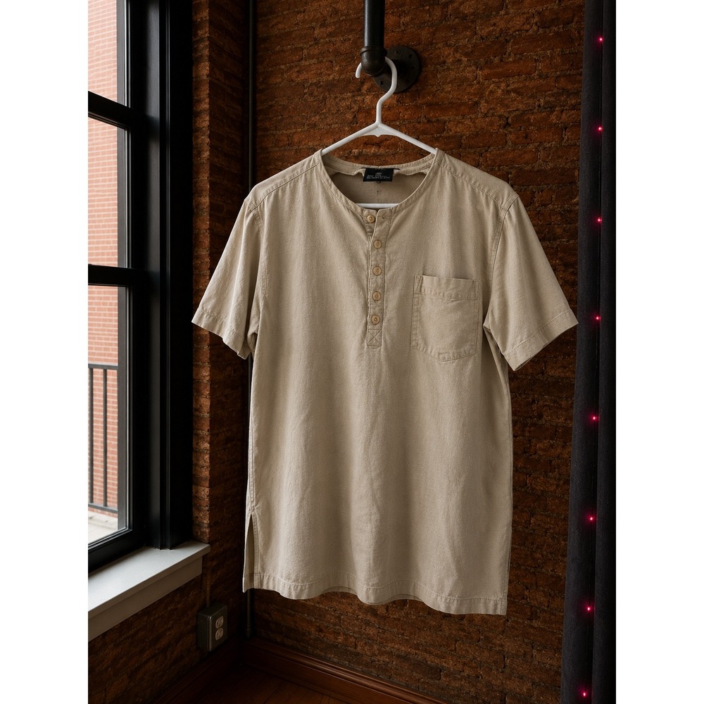 Vintage Beige 100% Silk Short Sleeve Henley Shirt Top M Boho Earthy Minimalist